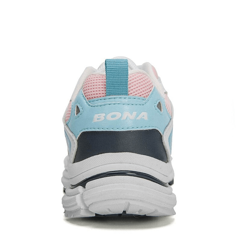 Rear view of Women's Breathable Lightweight Lace-up Running Shoes SF0199 in pink, blue, and white with flexible sole and durable upper